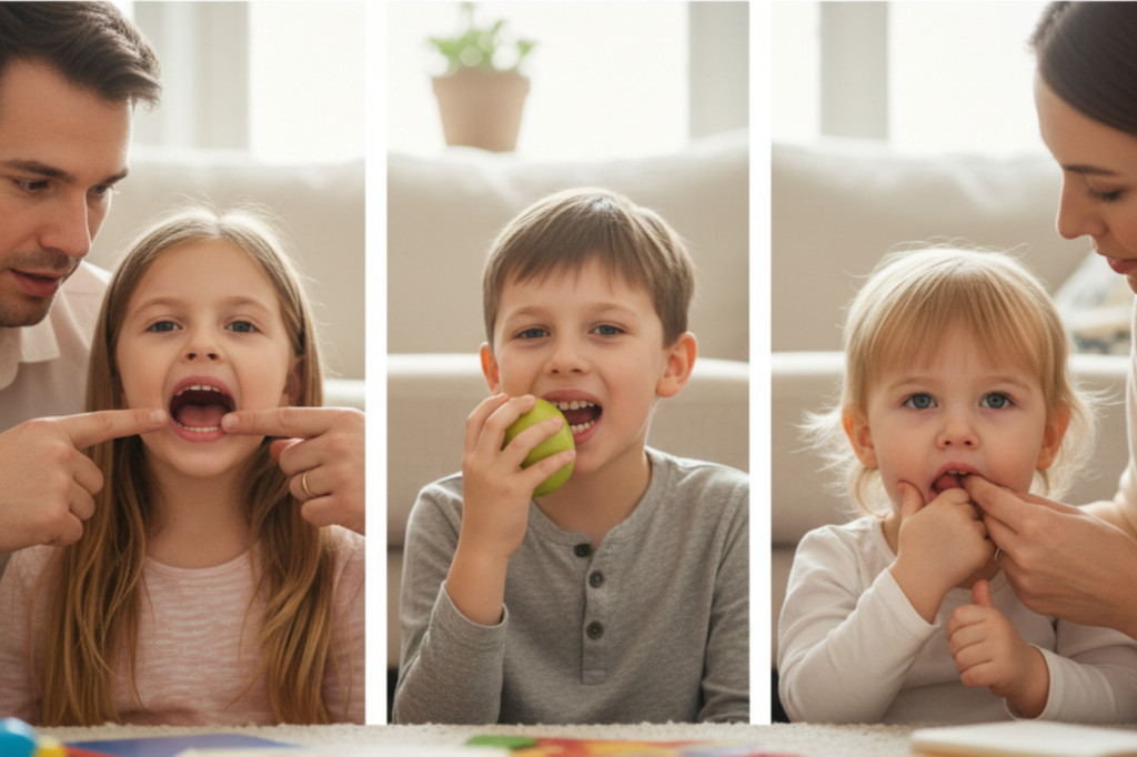 Parents checking their children's mouths and teeth, illustrating early signs of potential orthodontic issues in kids.
