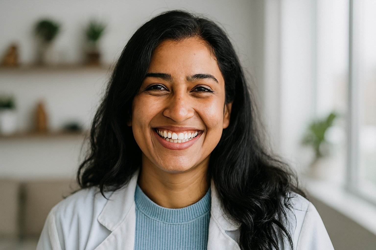 Smiling woman with long dark hair in a white coat and blue top, standing in a bright room with plants and large windows.